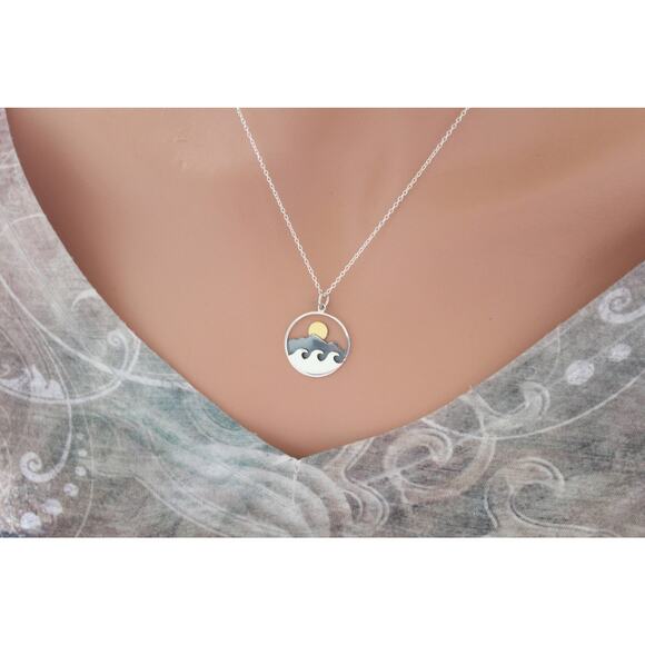 Sterling Silver Mountain and Ocean Pendant with Bronze Sun Necklace - Picture 1 of 5